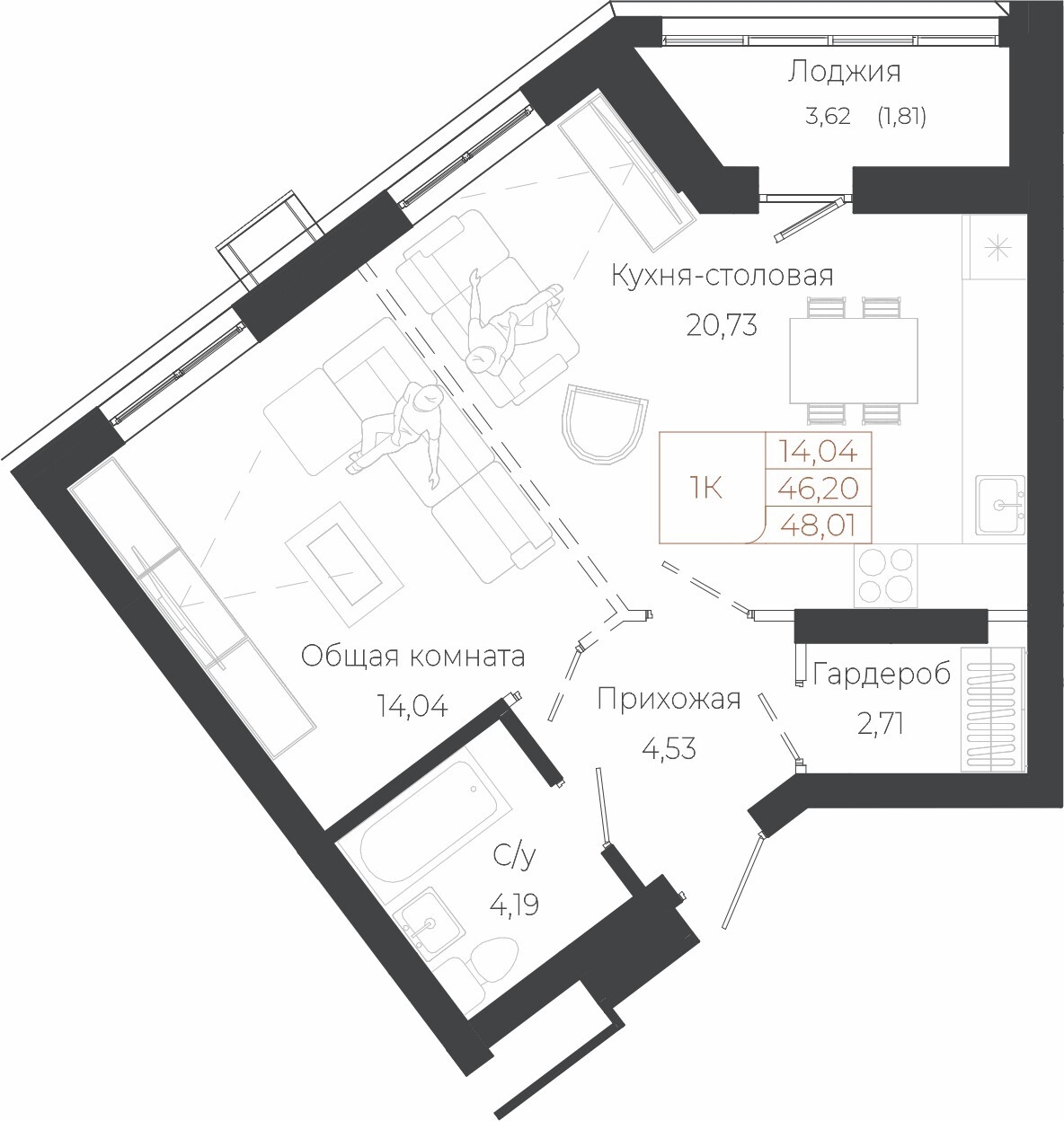 1-комнатная квартира
