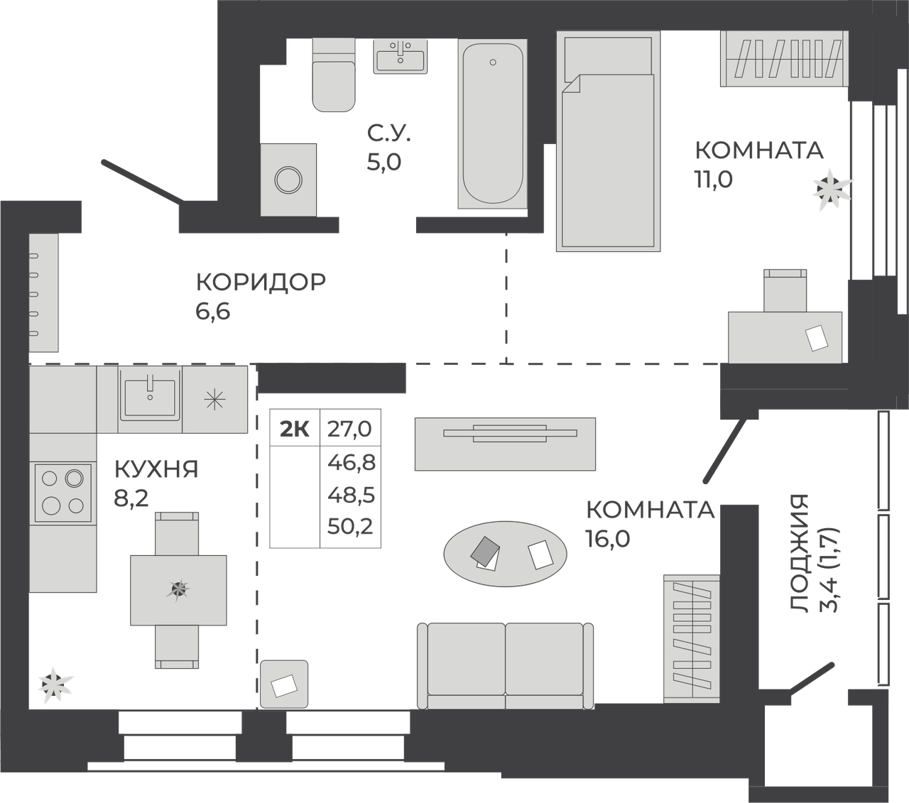 2-комнатная квартира
