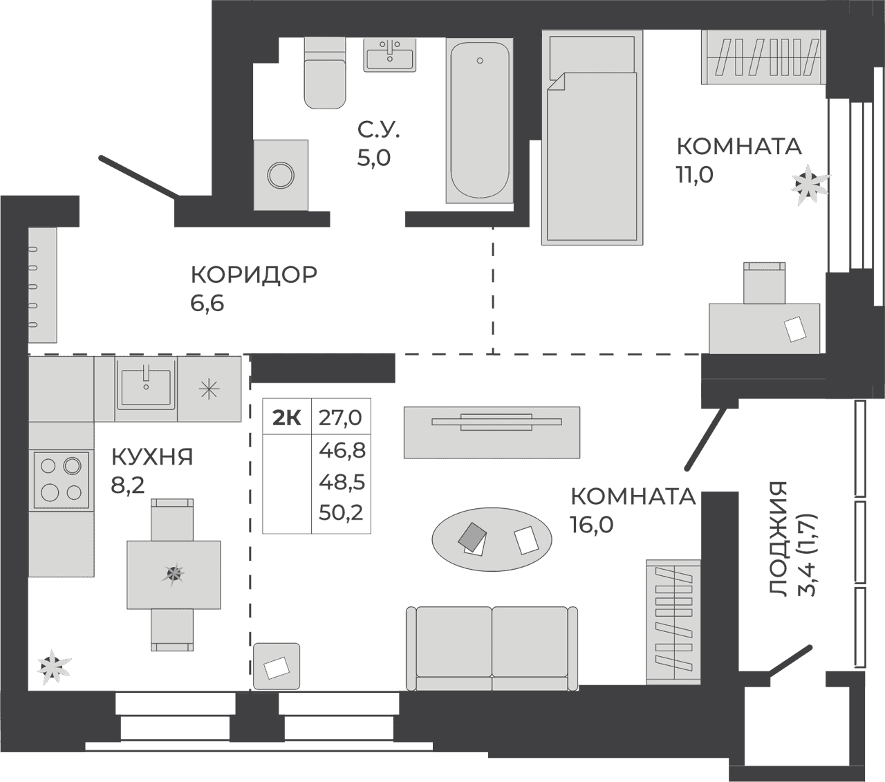 2-комнатная квартира