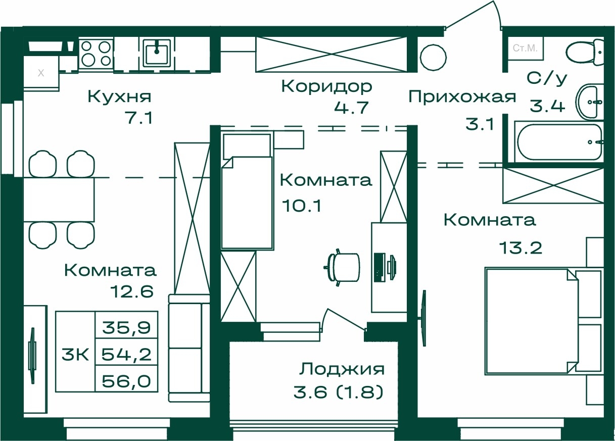 3-комнатная квартира